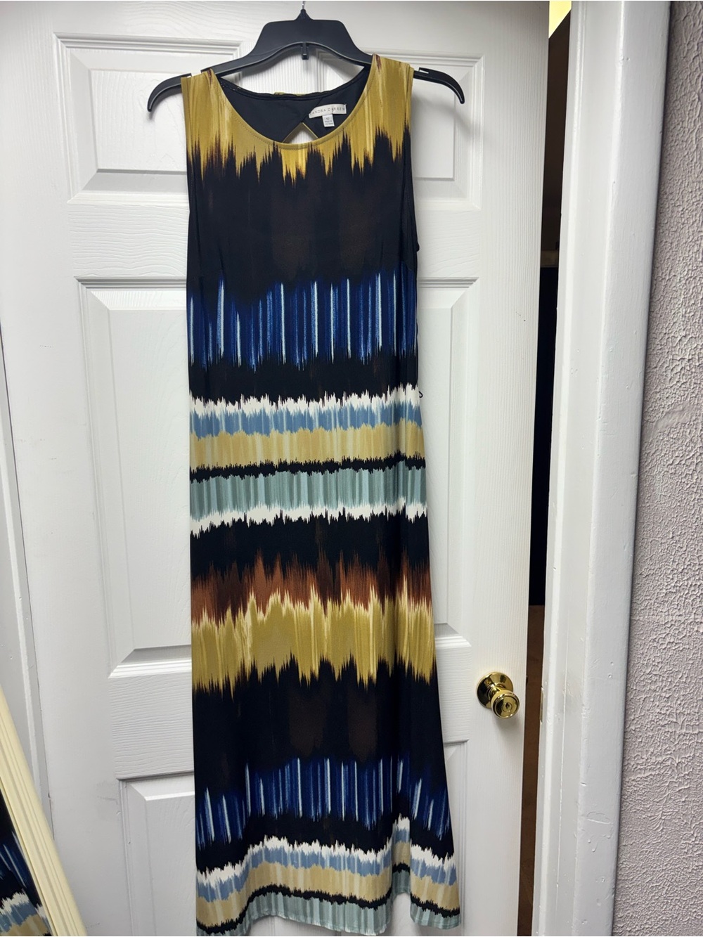 Sandra Darren Sleeveless Maxi Dress in Black, Blue, Gold and Brown Stripe